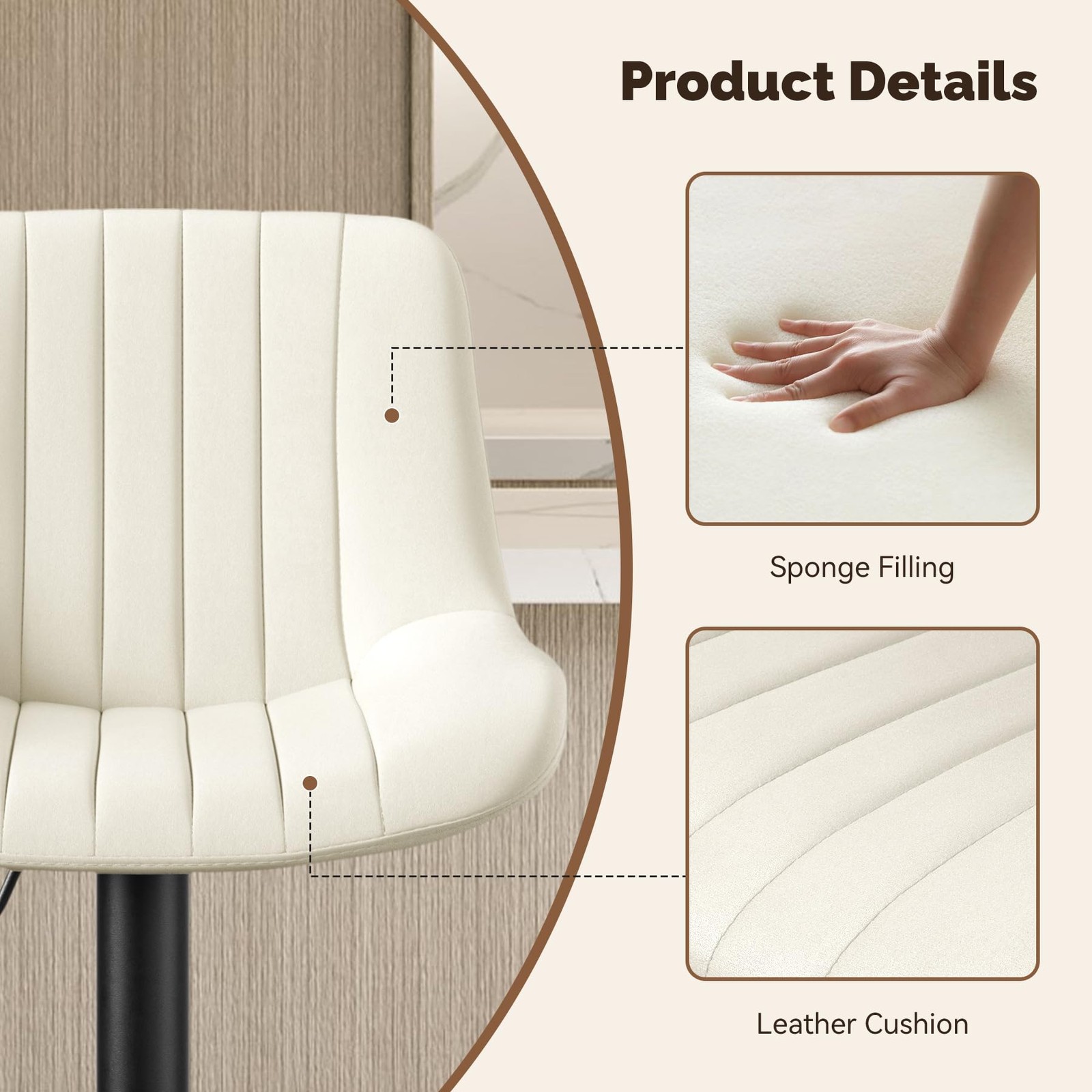 Set of 2 Bar Stools with Backs Adjustable Swivel Counter Height Fabric Off-White