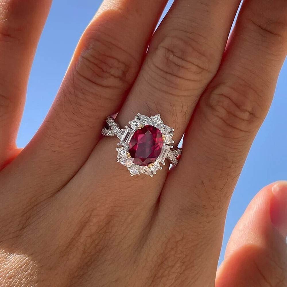 4.60 Ct Oval Cut Natural Ruby Diamond Wedding Ring 14K Solid White Gold Size 7