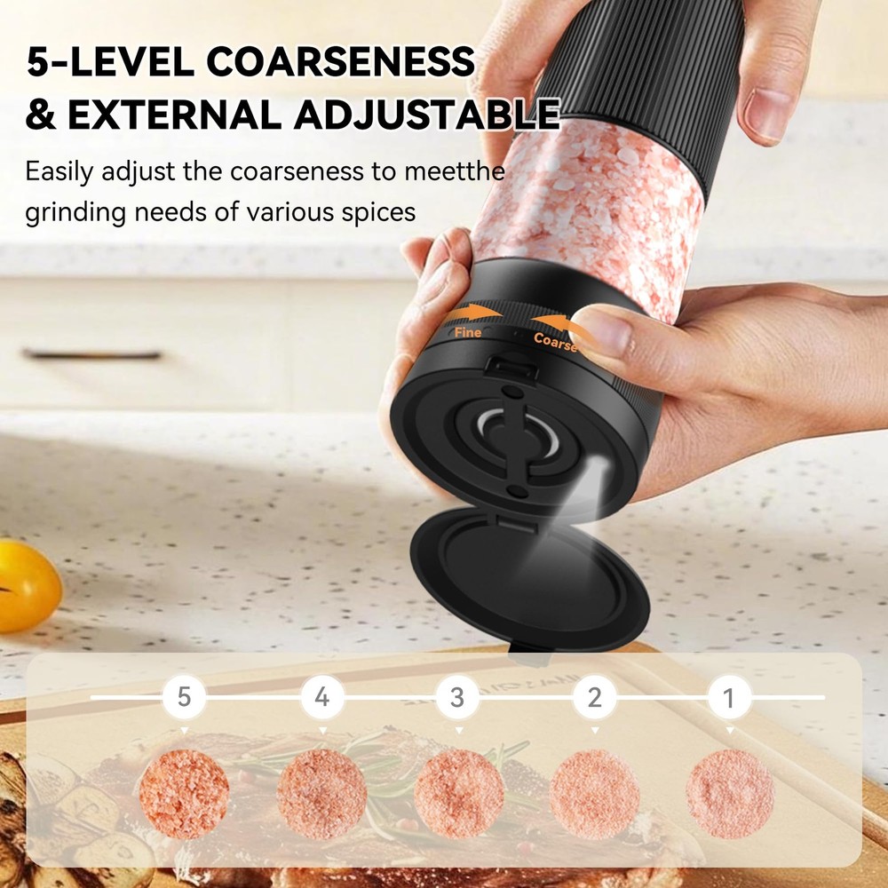Salt and Pepper Grinder Set, Upgrade 2-Speed Setting, External 5 Adjustable C...