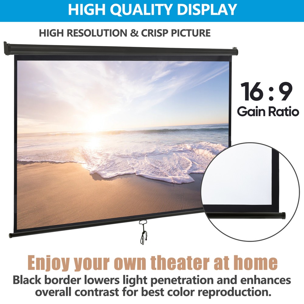 100" Projector Screen Pull Down Manual 16:9 HD Ceiling Wall Mount Black Portable