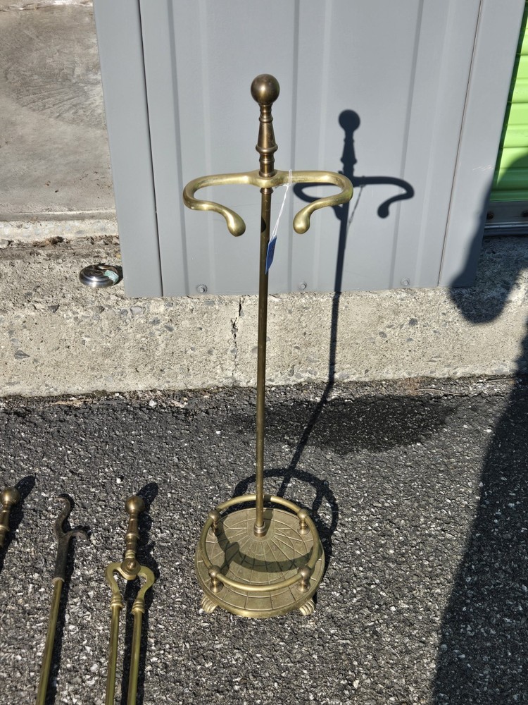 Vintage Solid Brass Fireplace 3 Tools with Stand Set 4x PIECE Round Claw Footed