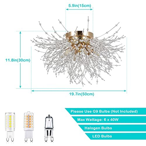 Flush Mount Ceiling Lights, Modern Crystal Sputnik Firework Close 6-Light Gold