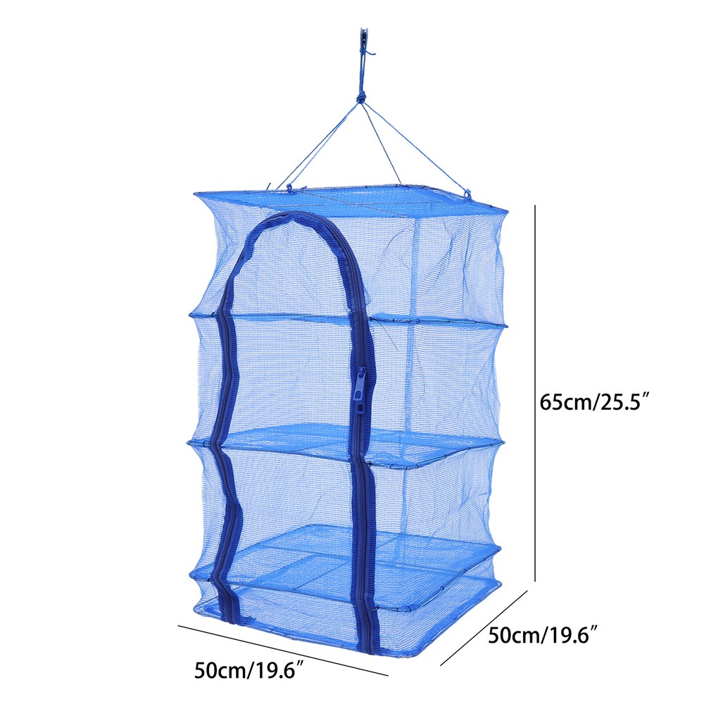 4-Layer Drying Fish Rack Net Hanging Herb Mesh Rack Foldable Net w/Zippers Blue