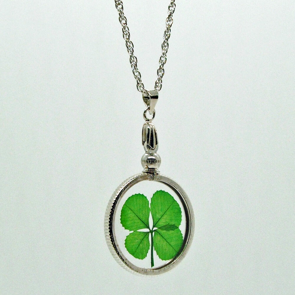Good Luck Charm Silver Necklace with a Real Four Leaf Clover Item SN-4J