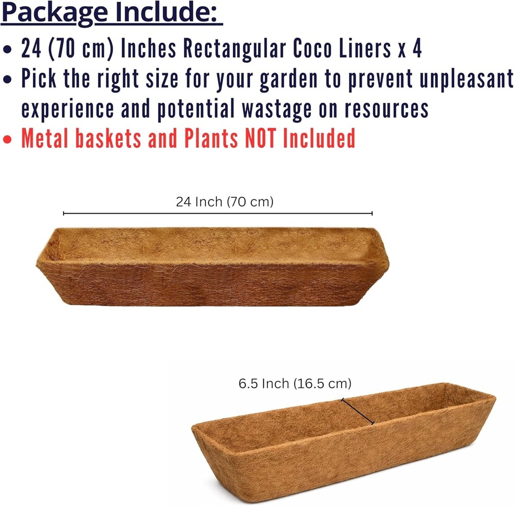LaLaGreen 24" 2 Pack Rectangular Coco Liners Railing Planter–Large Trough Coir