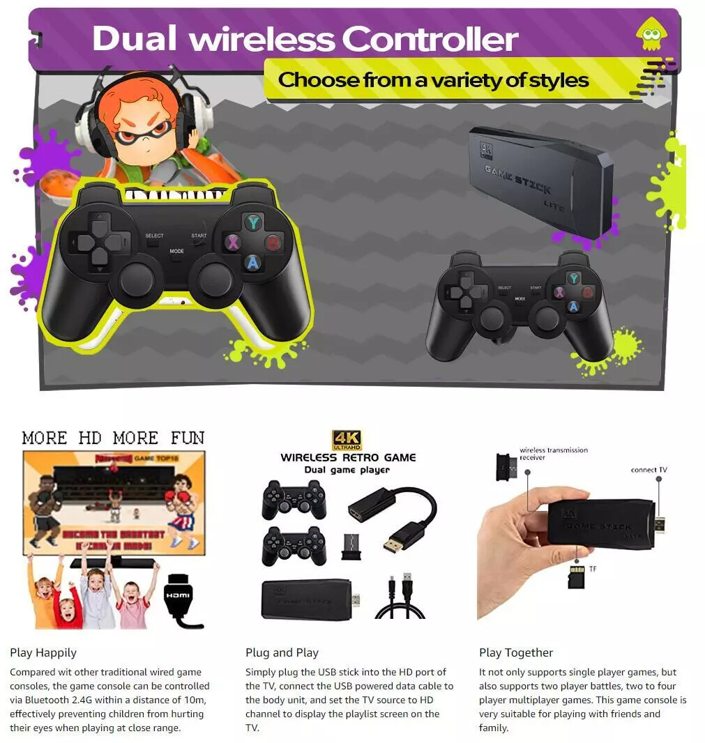 Video Game Console Retro 20000+ Games TV Stick 64G 4K HDMI 2 Wireless Controller