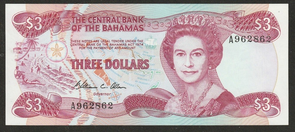 1974 (84) BAHAMAS 3 DOLLAR NOTE UNC