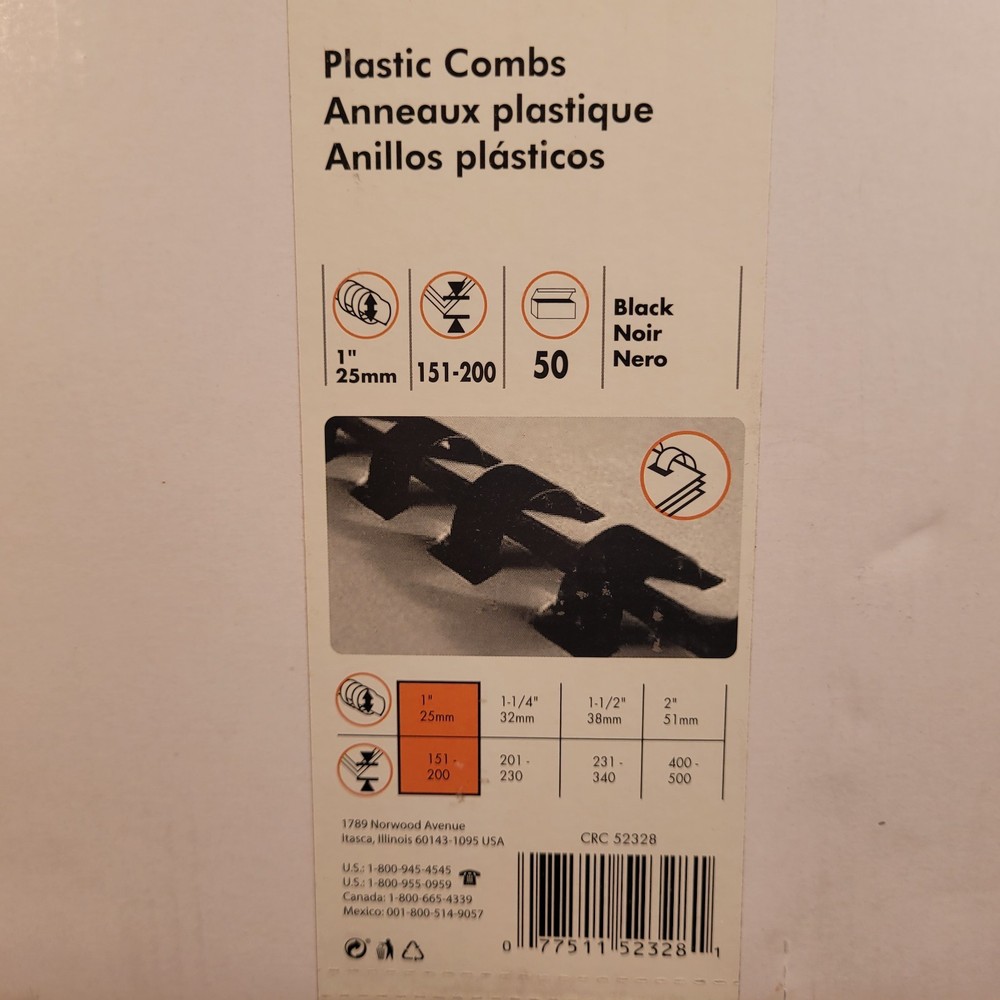 Fellowes Plastic Comb Binding Spines, 1 Inch Diameter, Black, 200 Sheets, 50 Pac