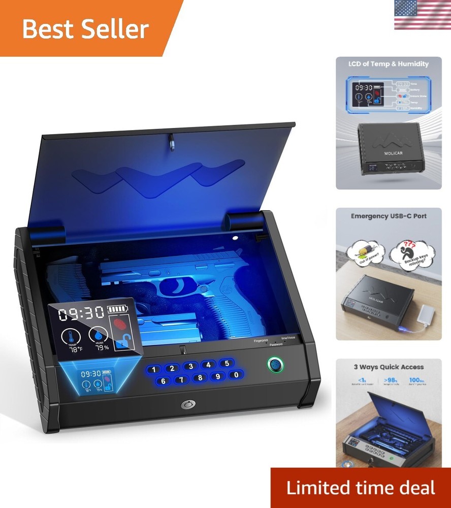 Two-Gun Biometric Safe with Temperature & Humidity LCD - Secure Bedroom Storage