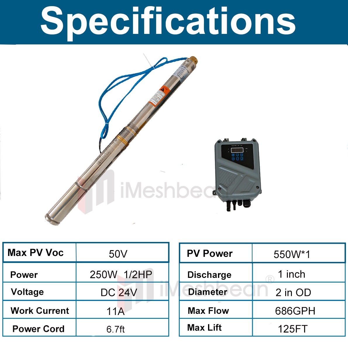DC24V 2" OD Solar Pump Submersible Pump Bore 250W Deep Well Pump+MPPT Controller