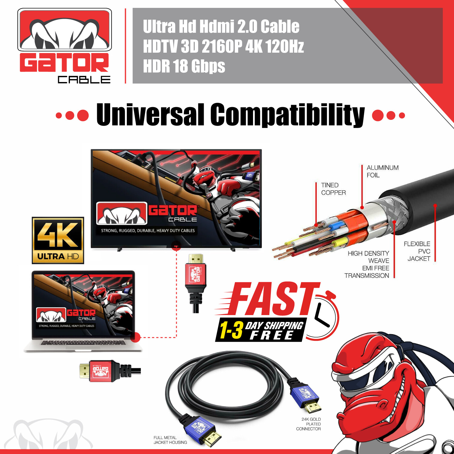 4K HDMI 2.0 Cable UHD Ultra HD High Speed 2160P HDR 60Hz 18Gbps Dolby HDCP HDTV