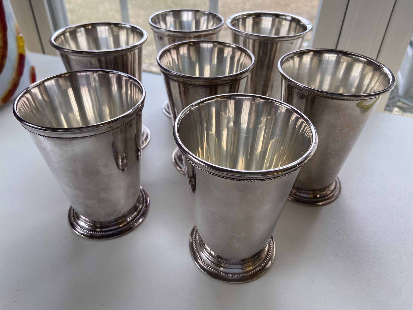 Patrick Henry Silver Plate Mint Julep Cups Beaded Band Exeter Crown Mark Lot 7