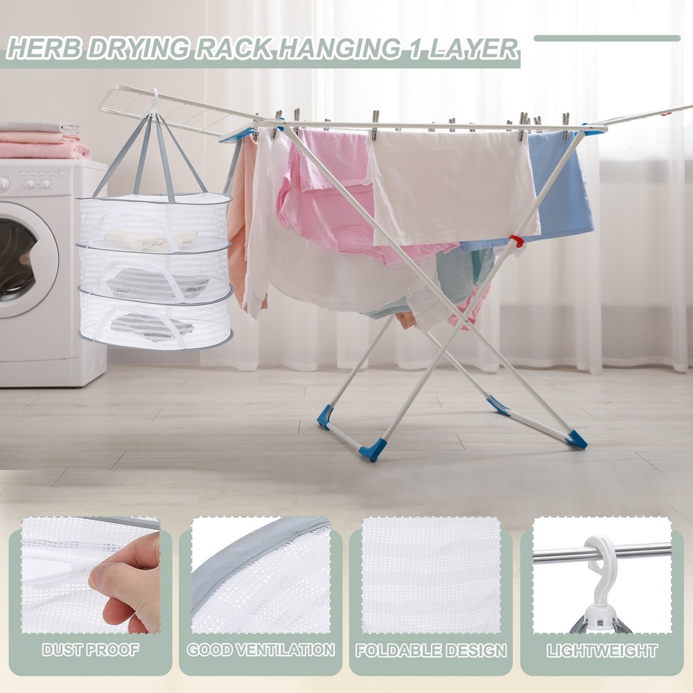 24" Herb Drying Rack Hanging 3 Layer Hanging Mesh Net with Zipper, Grey