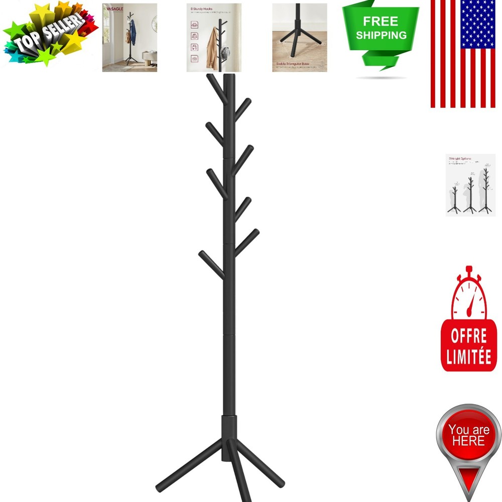 Elegant Solid Wood Coat Rack with 8 Hooks - Adjustable Height & Space-Saving