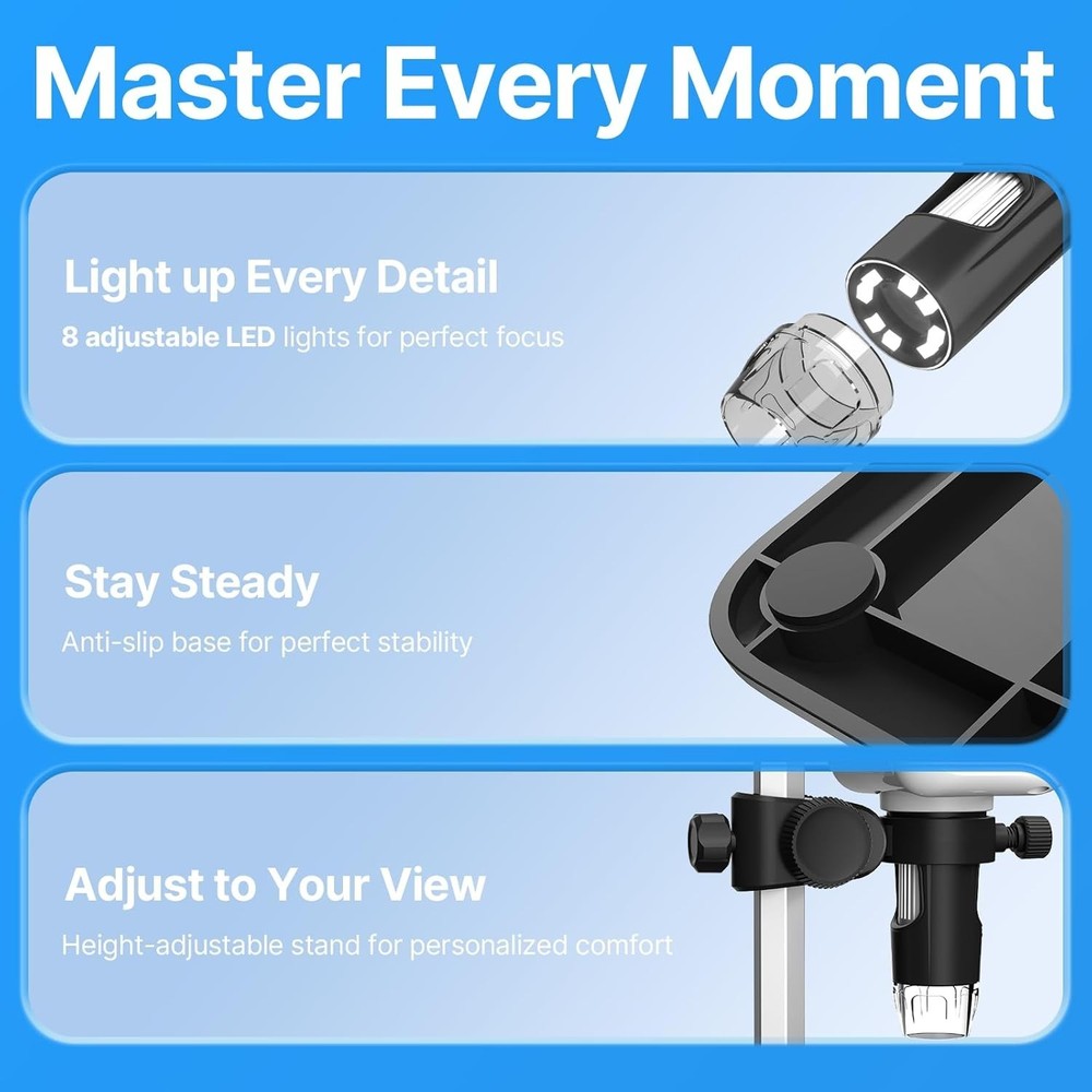 Versatile 1080P USB Digital Microscope with 4.3" LCD and 8 Adjustable LED Lights