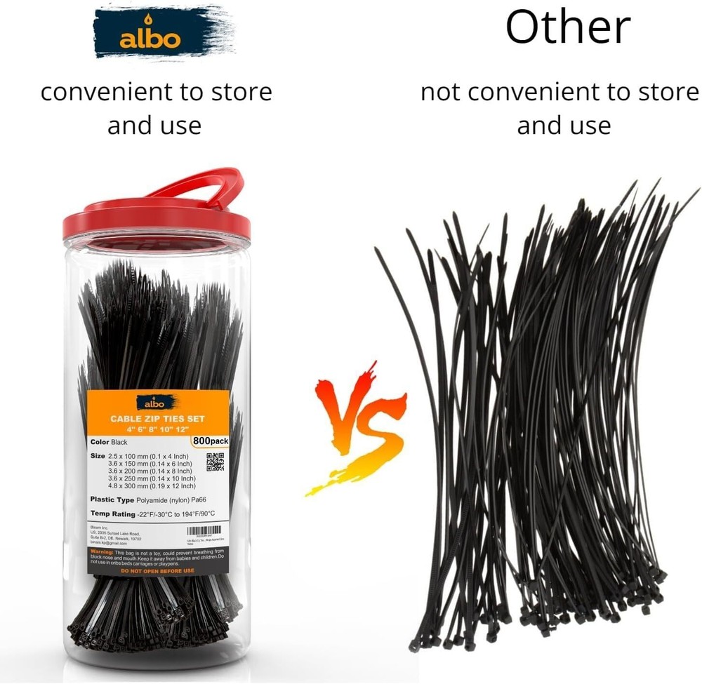 Zip Ties Assorted Sizes 800 Pack Plastic Cable Ties 4+6+8+10+12 inch Wire Tie UV