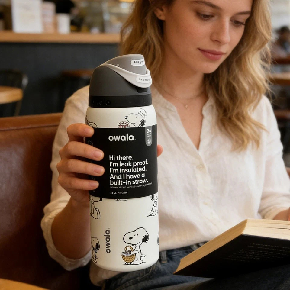 Snoopy Owala 32oz Black Whtie Water Bottle Stainless Steel Exclusive Edition