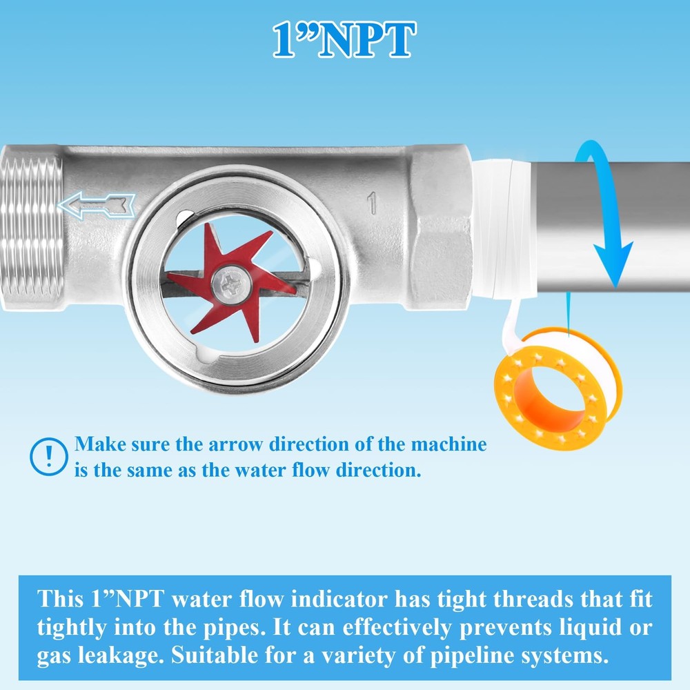 1" NPT Water Flow Indicator Flow Meter Indicator with Tape Stainless Flowmete...