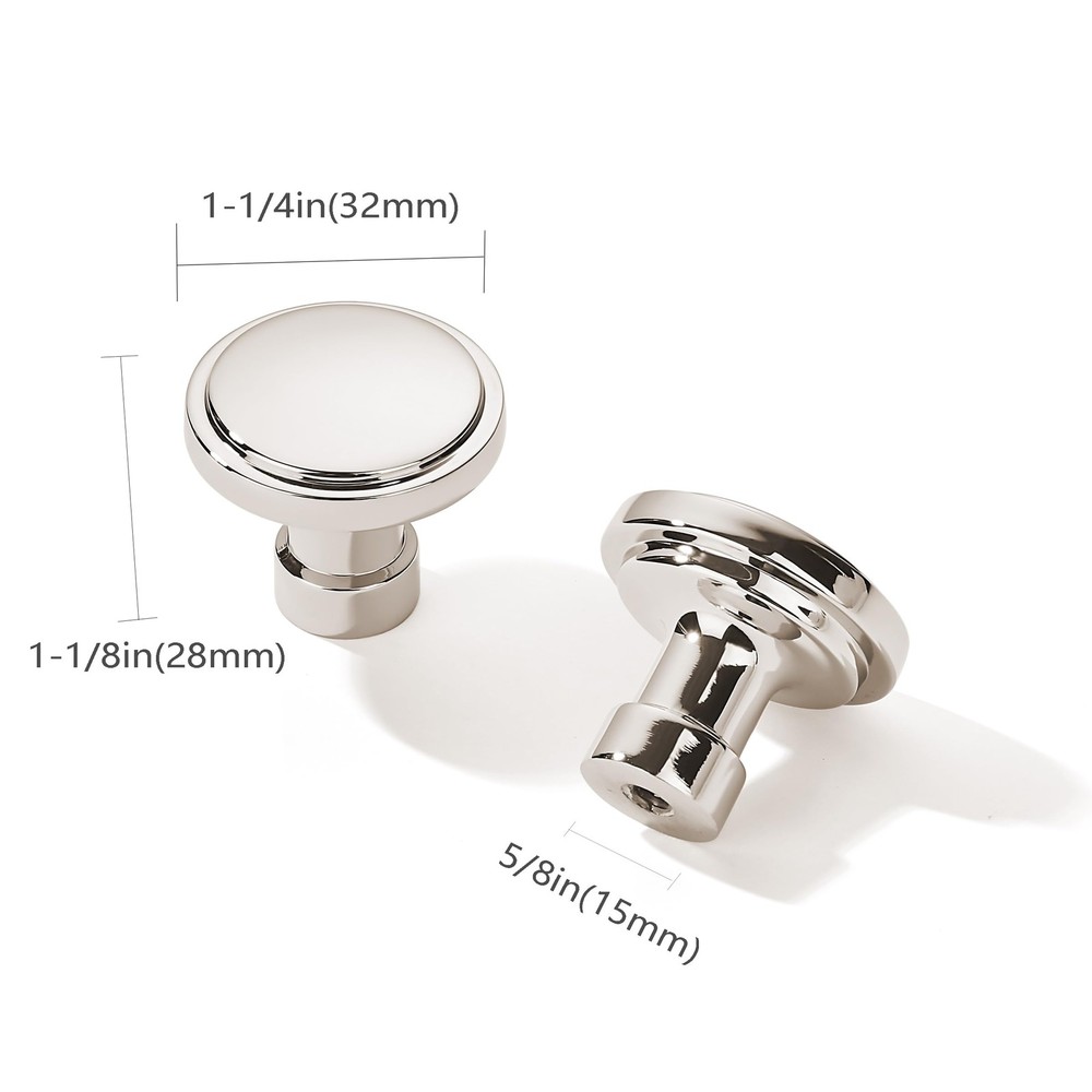 10 Pack Modern Polished Nickel Cabinet Knobs 1-1/4 Inch Diameter Round Grip