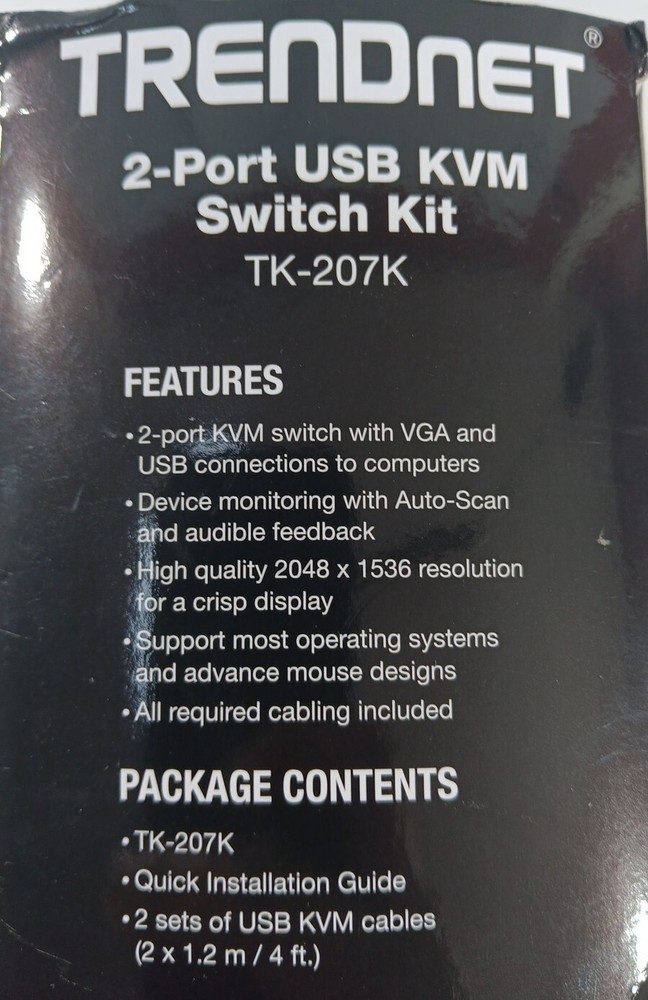 NEW Trendnet TK-207K 2-port USB KVM Switch Kit with Auto Scan HD Resolution