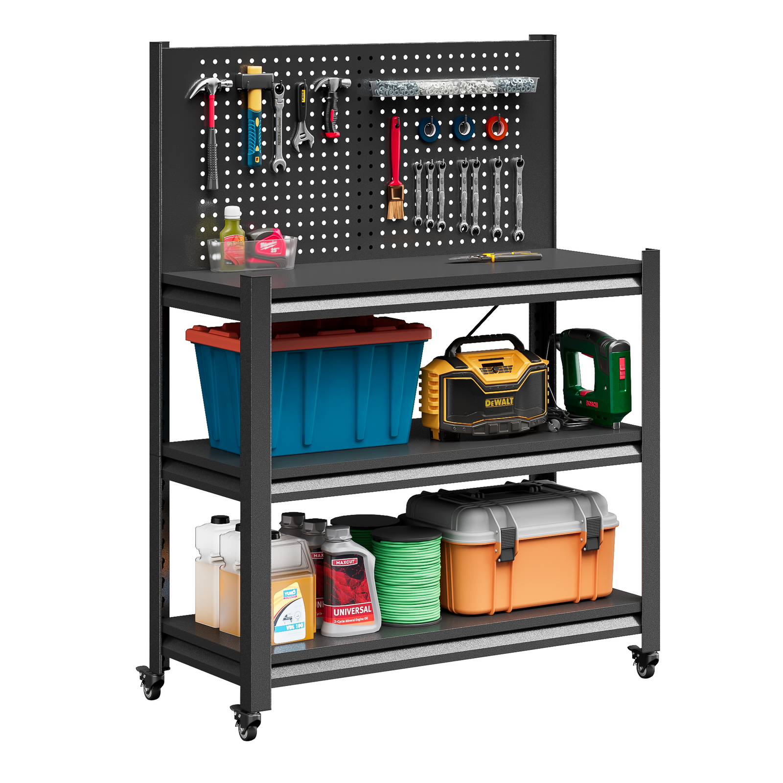 Roling Garage Workbench with Pegboard Adjustable Height Movable Storage Shelving