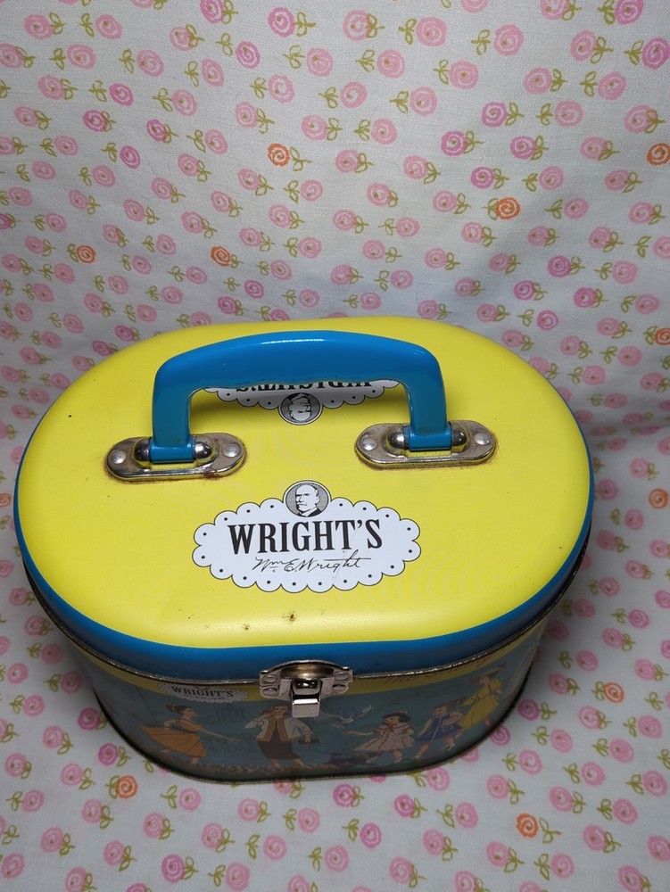 Retro Wright's Oval Sewing Box, Small Latching Suitcase Tin, Labor Saver