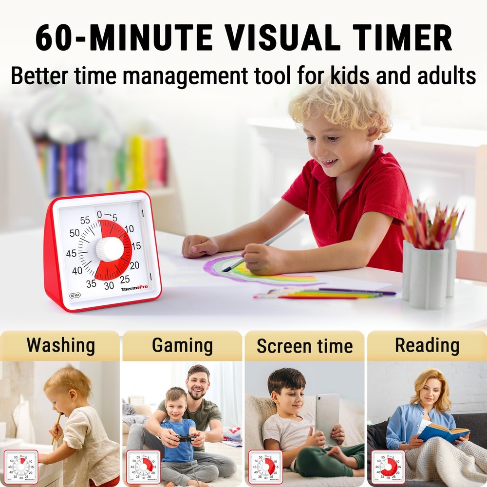ThermoPro TM021 60 Min Visual Kitchen Timer Red Dial Cooking Baking Timer