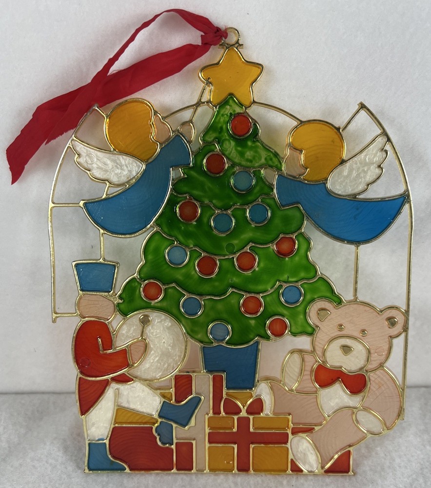 VTG Stained Glass Plastic Sun Catcher Christmas Ornament 8”x 6.5”Tree Angels EUC