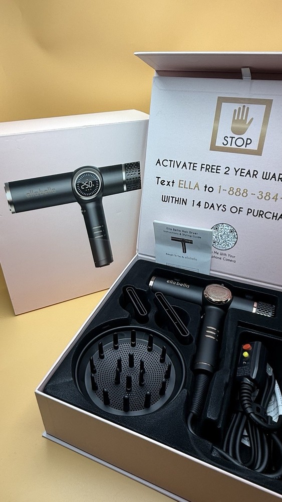 ELLA BELLA® Professional Ionic Hair Blow Dryer with Diffuser -NEW Open Box Black