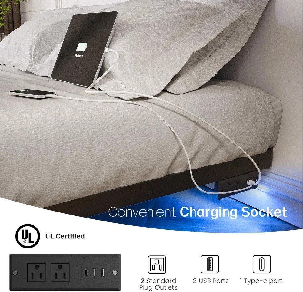 **OLEVS Full Floating Bed Frame w/ LED Lights & Charging Station – No Box Spring