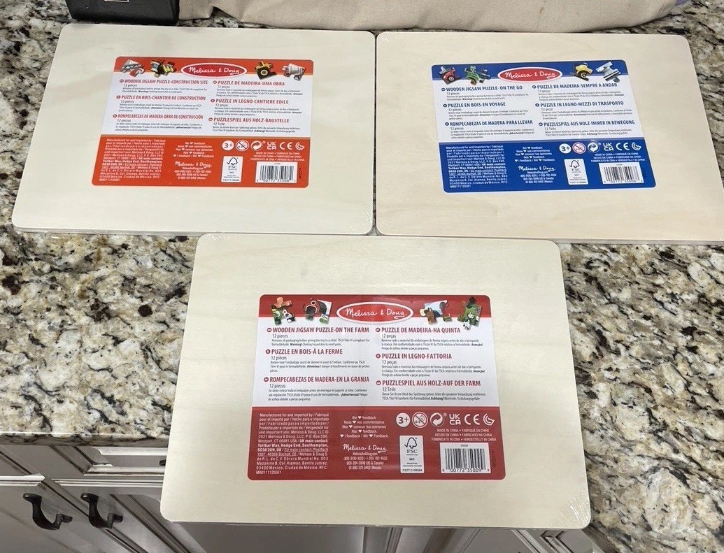 Lot of 3 MELISSA & DOUG Wooden Zigsaw Puzzles-Work Vehicles, Farm Animals, Cars