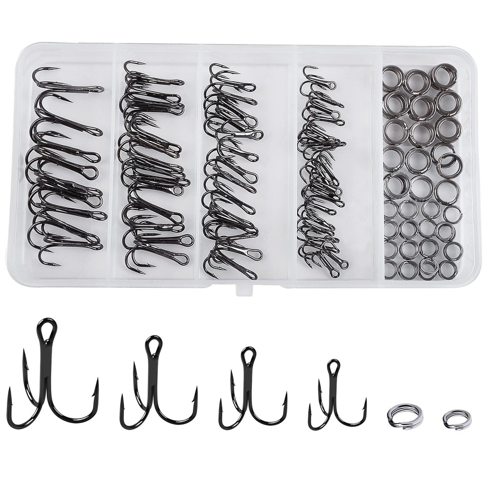 Treble Hooks and Split Rings Kit, 130Pcs Assorted Classic High Medium, black