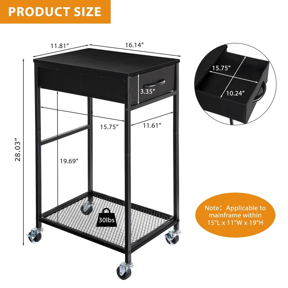 YBING PC Stand 2 Tier Computer Tower with Drawer Mobile Black