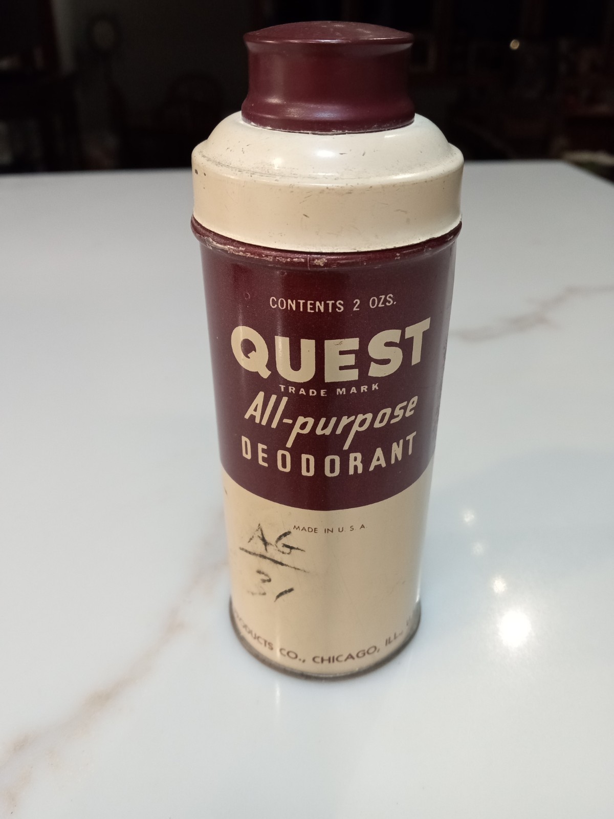 Quest - All Purpose - Deodorant Powder- Metal Tin. Vintage 1940's  Half Full.