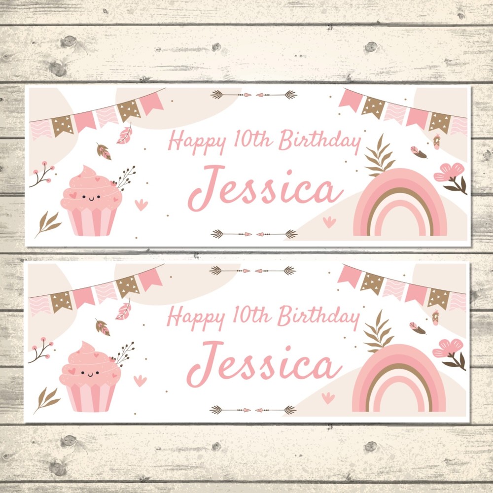 2 PERSONALISED RAINBOW CUPCAKE  BIRTHDAY BANNERS