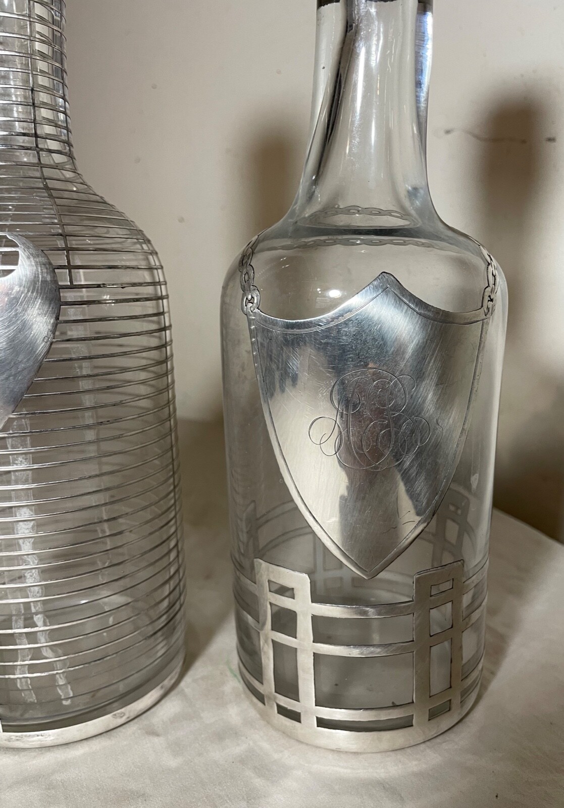 pair antique ornate sterling silver overlay glass liquor claret decanter bottle