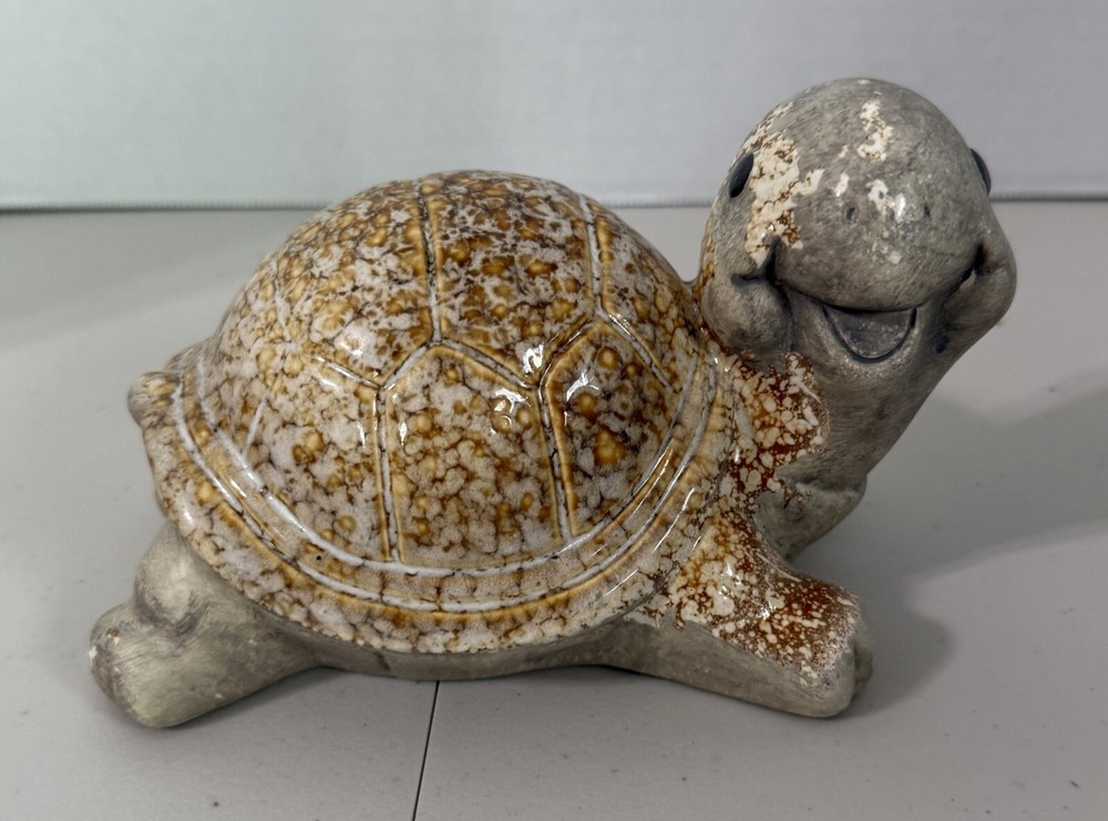 Ceramic Turtle Tortoise Figurine With Glazed Marbled Shell Clay Head Up