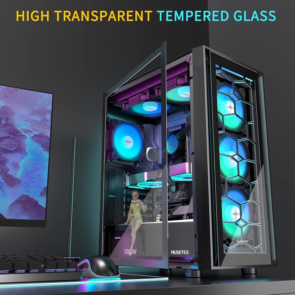 ATX PC Case, 6 PWM ARGB Fans Pre-Installed, Computer Case with Opening Tempered