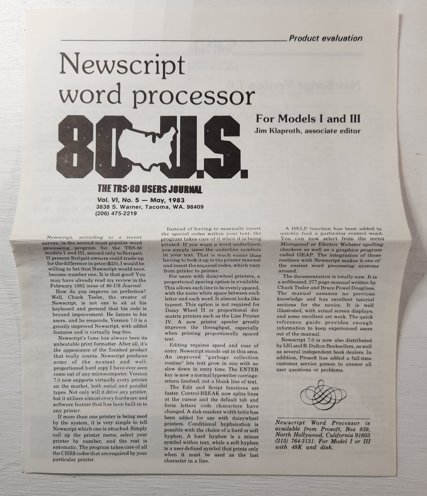 Tandy TRS-80 Pro Soft PROSOFT Newscript Software Manual - Catalog - Ephemera