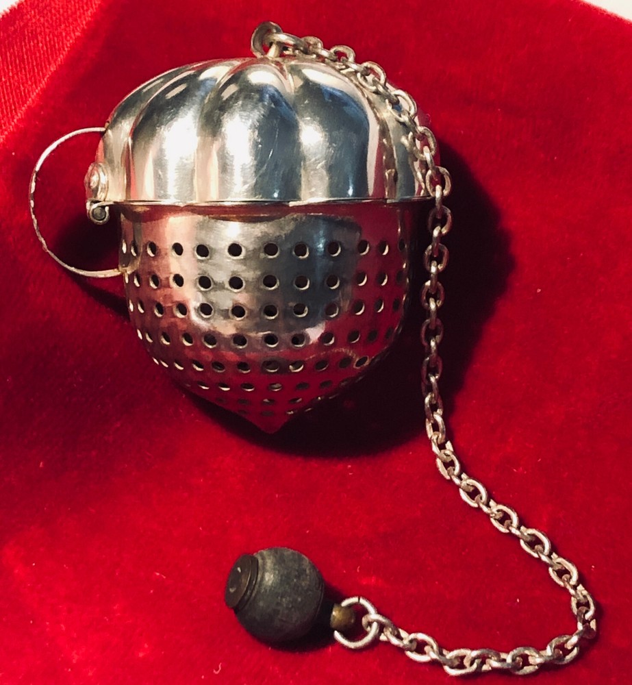 TEA BALL ACORN SHAPE AND TEA STRAINER SILVER PLATE