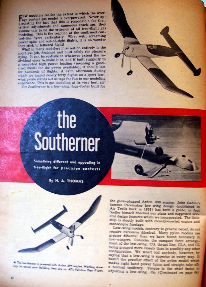 SOUTHERNER PLAN + CONSTRUCTION ARTICLE for OT FF 46" Low Wing Model Airplane