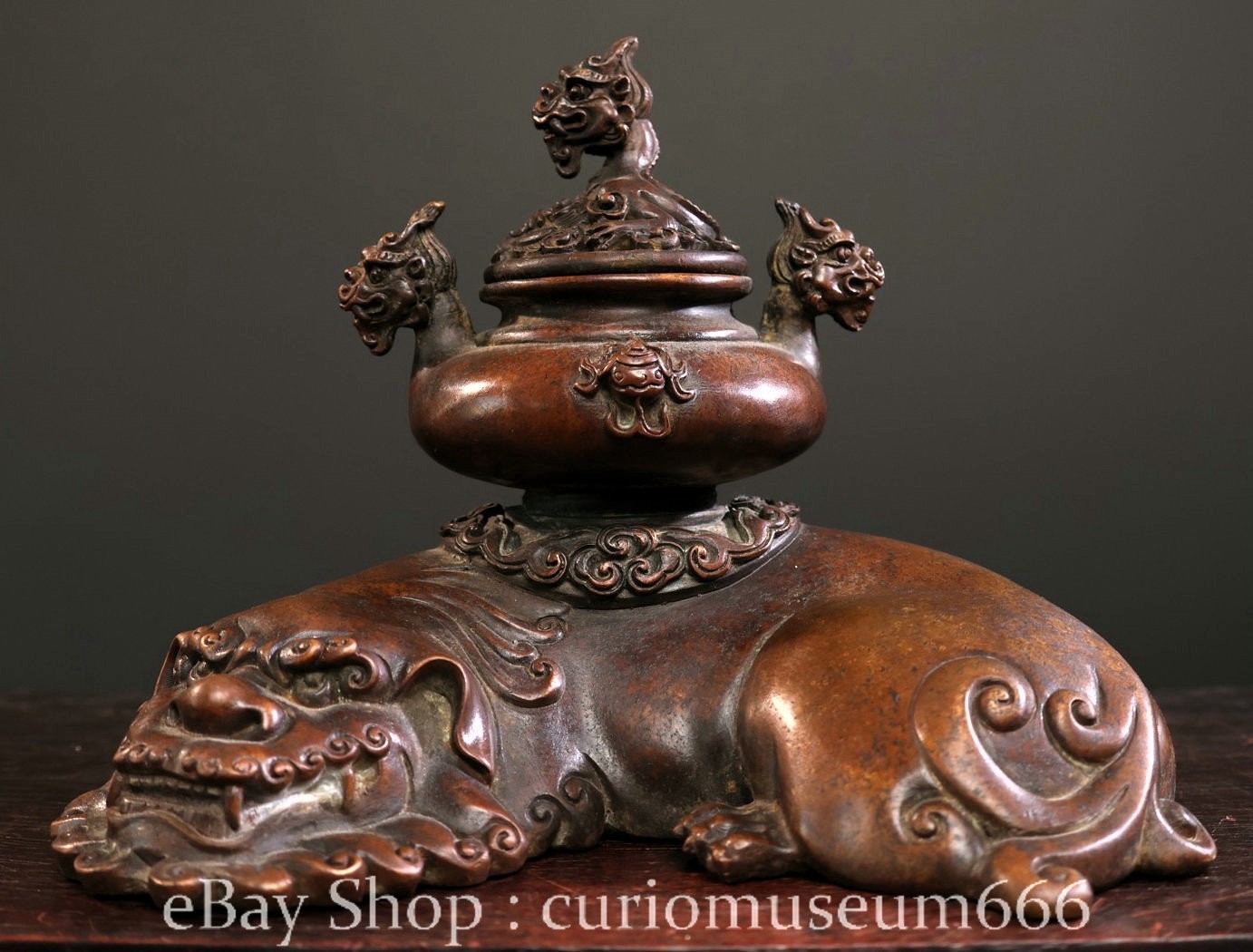 8" Old Chinese Purple Bronze Pixiu Brave Troops Beast Incense Burner Censer