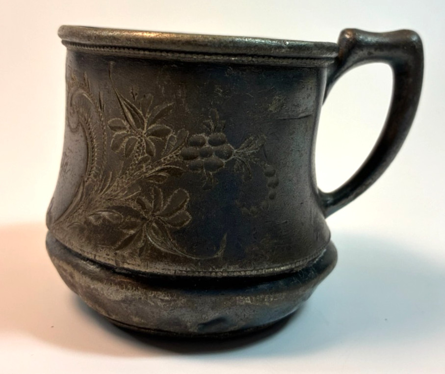 Vintage CHIQUITA GIRL BABY CUP Spanish Victorian Engraved Metal Silverplate READ