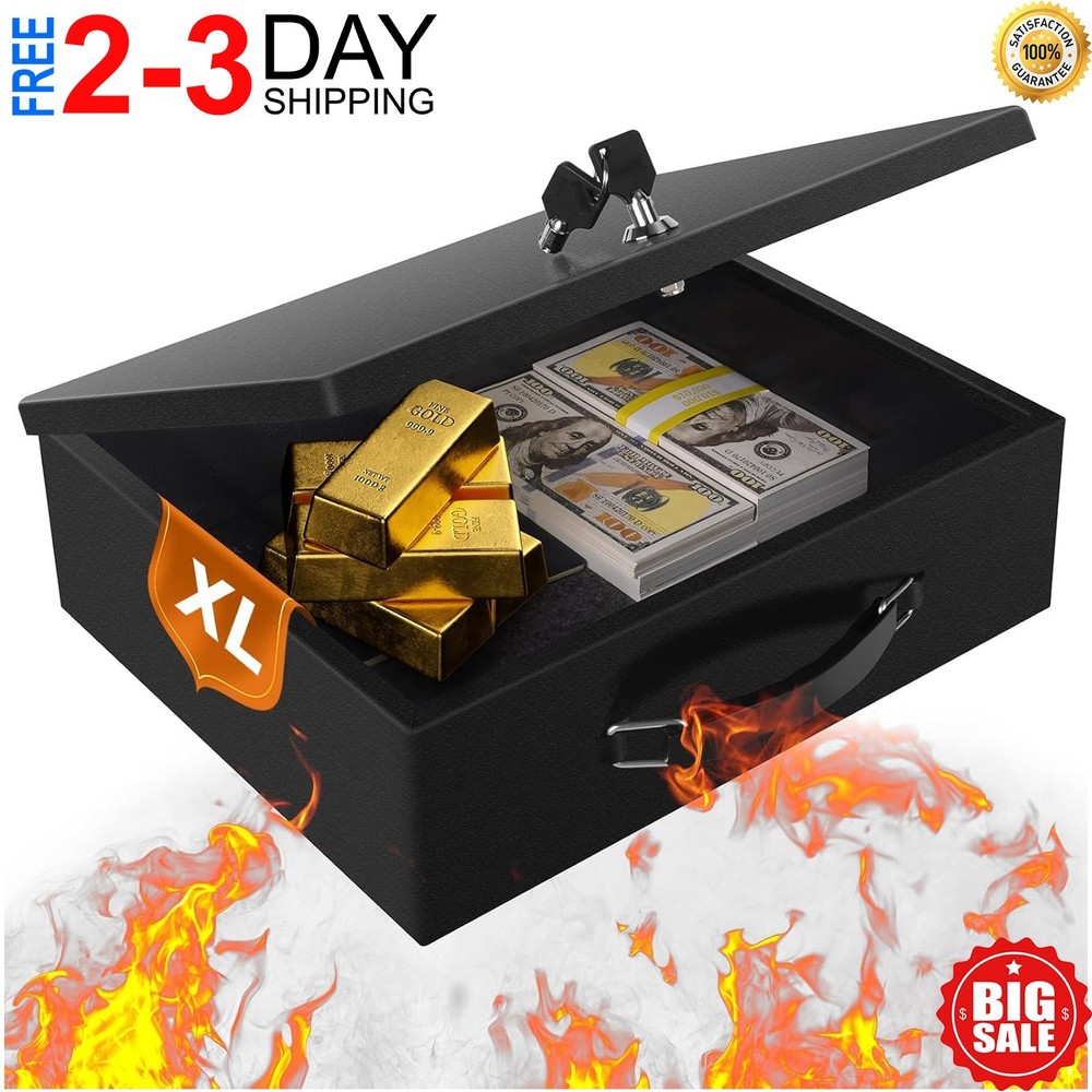 X-Large Fireproof Document Box, Portable Fire Resistant Safe Box with Key Lock
