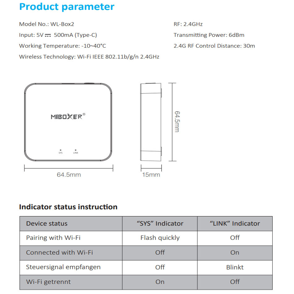 Miboxer WL-Box2 2.4GHz Gateway WiFi Tuya controller system Wireless APP Control