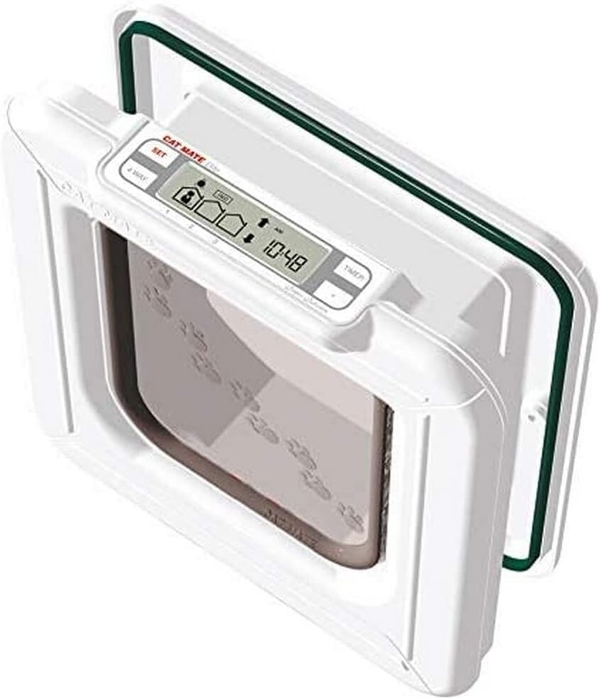 Electronic Cat Door with Timer Control - LCD Display - 4-Way Locking - White