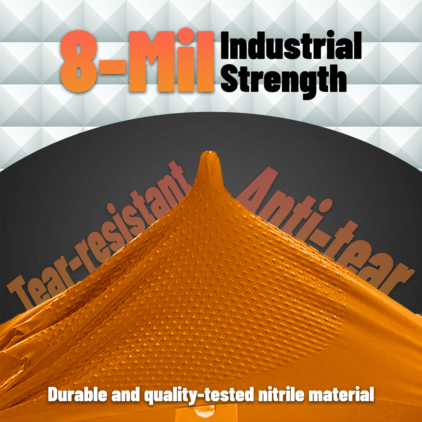 Heavy Duty Orange Industrial Nitrile Gloves with Raised Diamond Texture, 8-mil