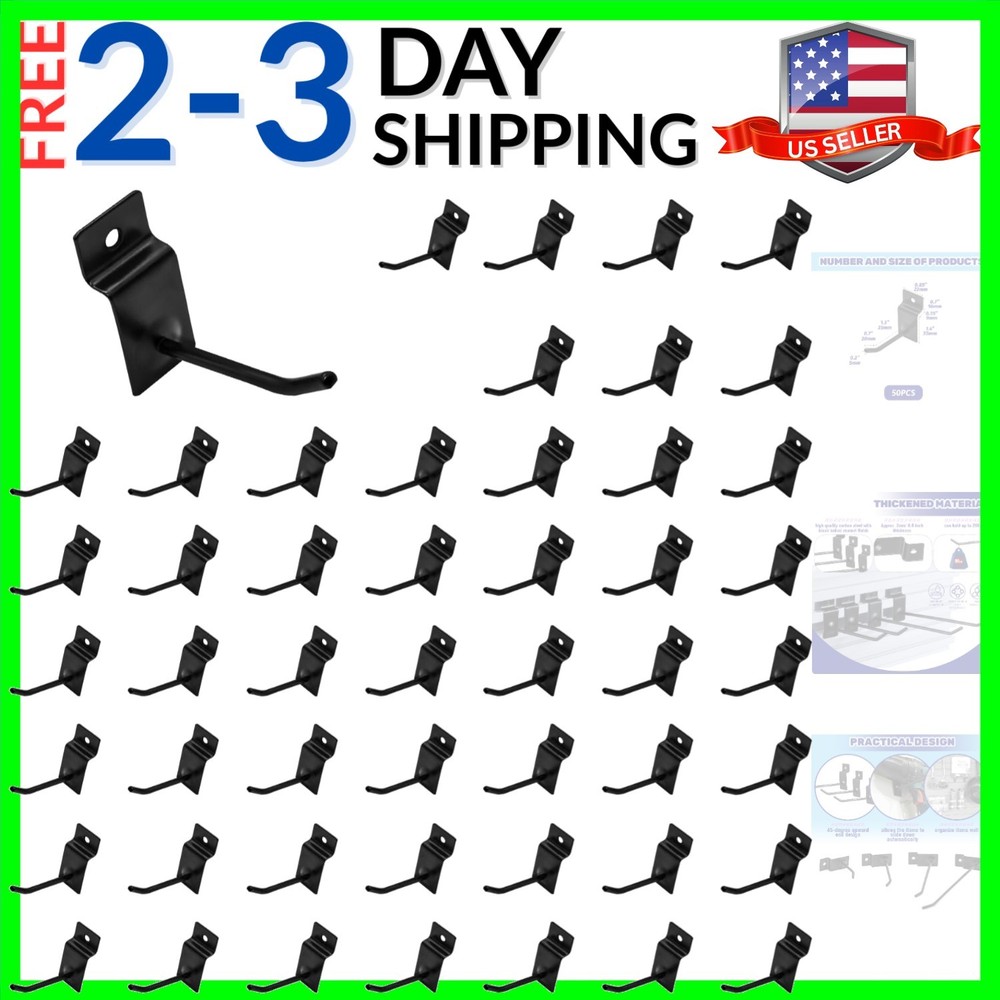 50Pcs 2 Inches Black Slatwall Panel Hooks Bulk Set, Metal Slat Wall Hanging D...