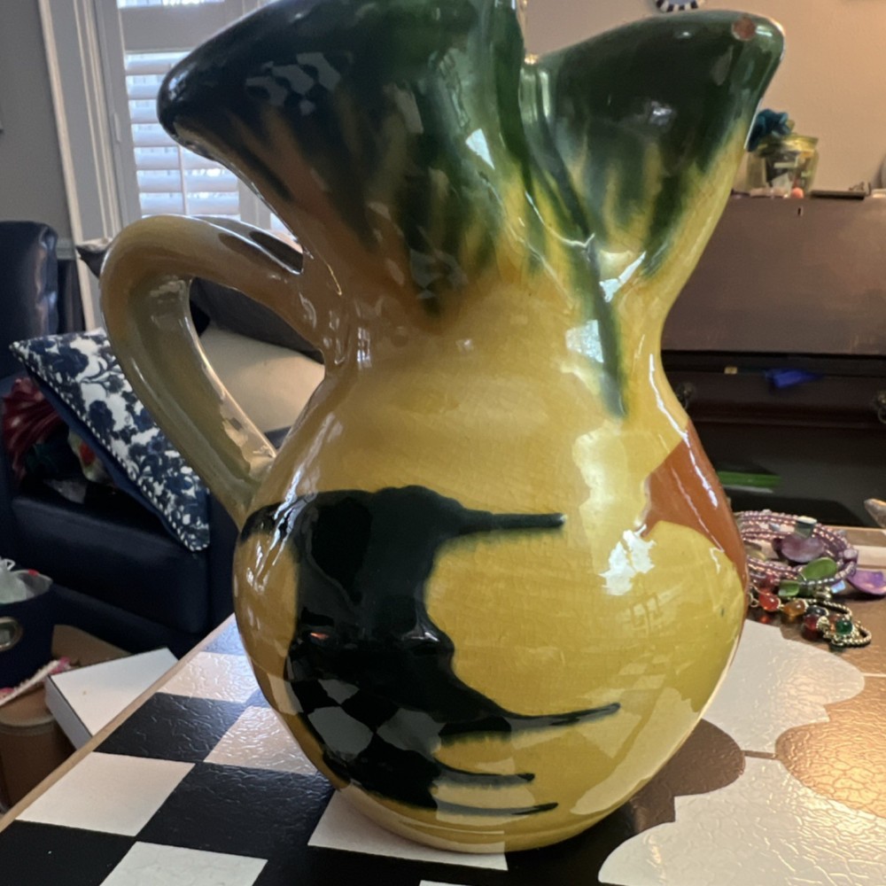 Vintage Pitcher Multicolor Glossy Pottery Hand-Painted Decorative with Handle