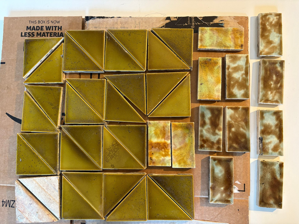 Antique Tile 30 Green Triangles & 12 Mottled Rectangles, Some Marked